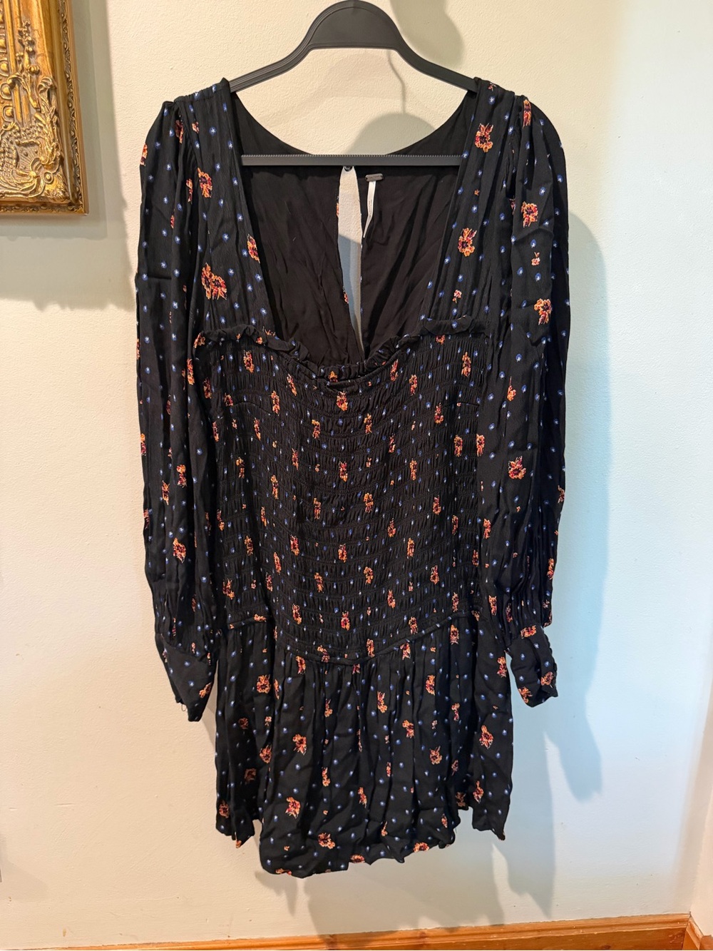 Free People Black Floral Smocked Midi Dress with Red & Blue Accents